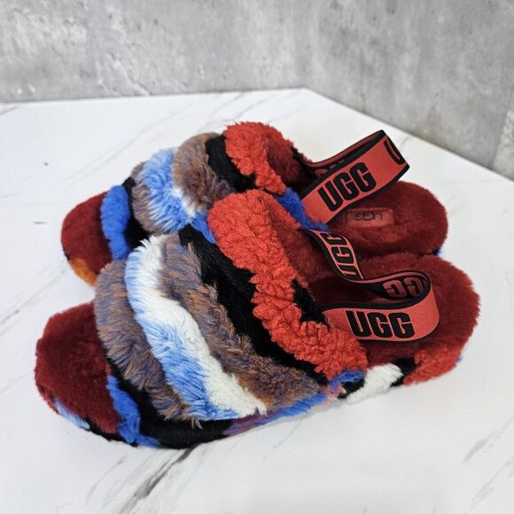 UGG Australia Womens 7 Fluff Yeah Plush Slide‎ Sandal Red Cali Collage Sandals - Picture 4 of 13